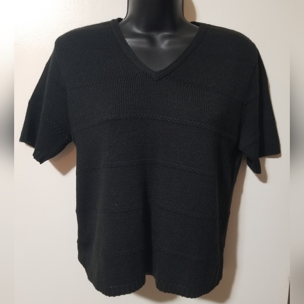 Carroll Reed Black Knit Top Short Sleeve Sweater V Neck S
